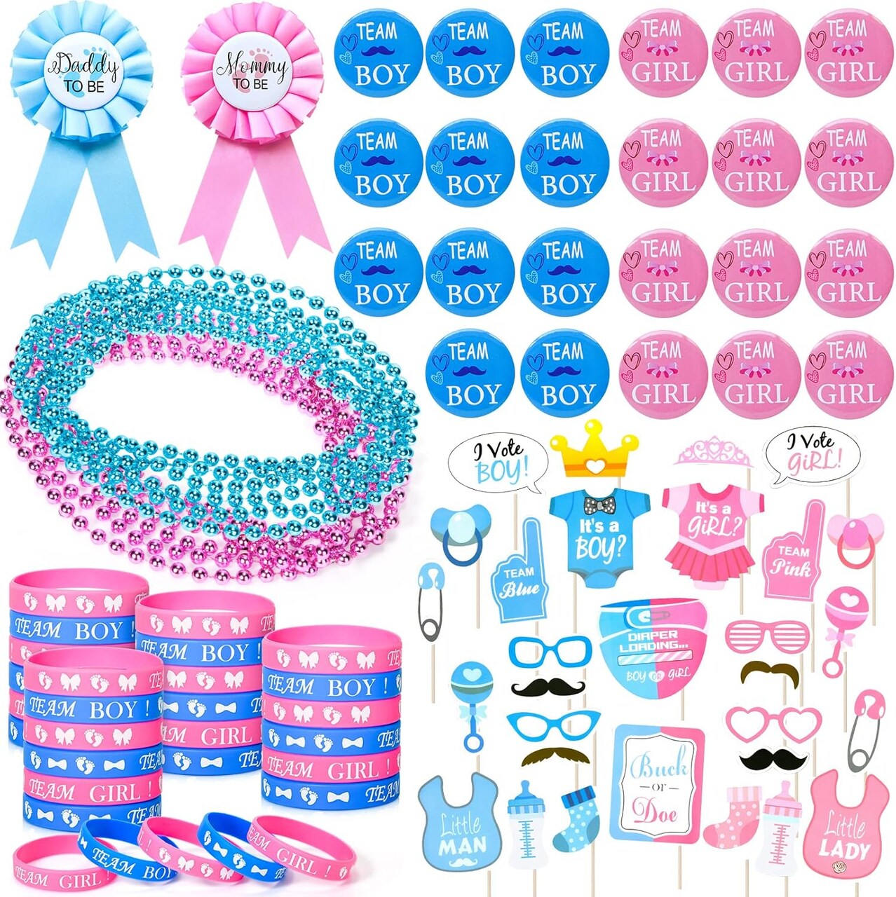 Baby Gender Reveal Party Favors Supplies Ideas, Team Boy or Girl Pins Daddy and Mommy Badge Pin Silicone Bracelet Photo Prop Necklace, 104 Baby Shower Favors Pink Blue Gender Reveal Decor Game